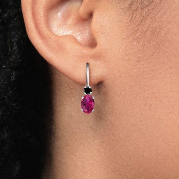 18K White Gold with 1.07 Cttw Ruby and Black Diamond Leverback Drop Earrings - Picture 3 of 5